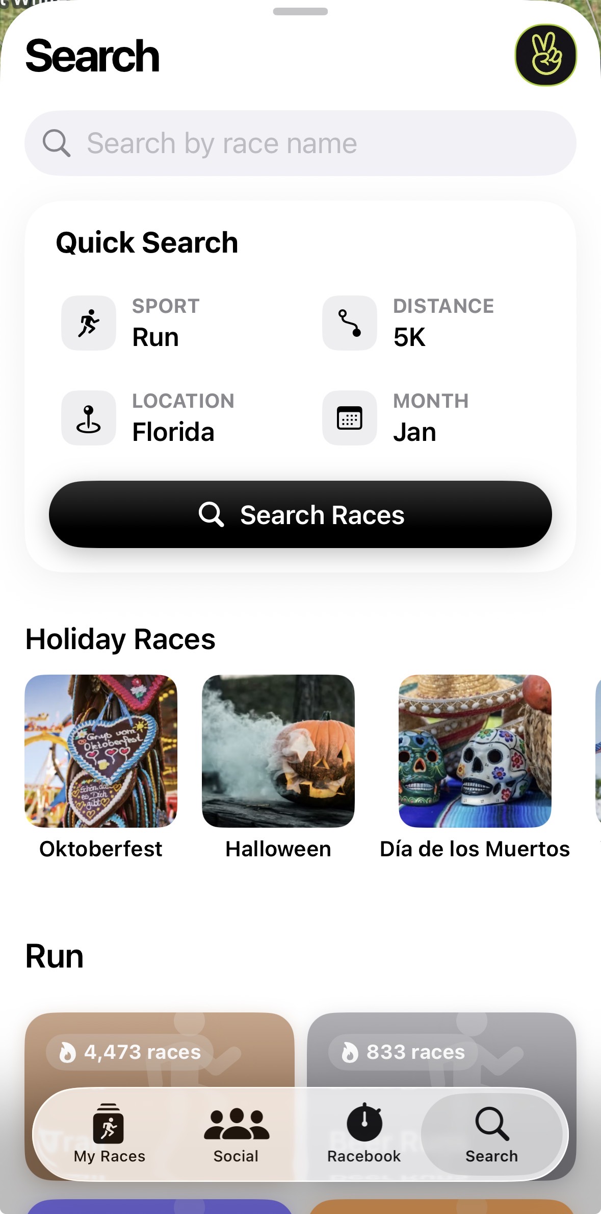 Let’s Race app showing race discovery results
