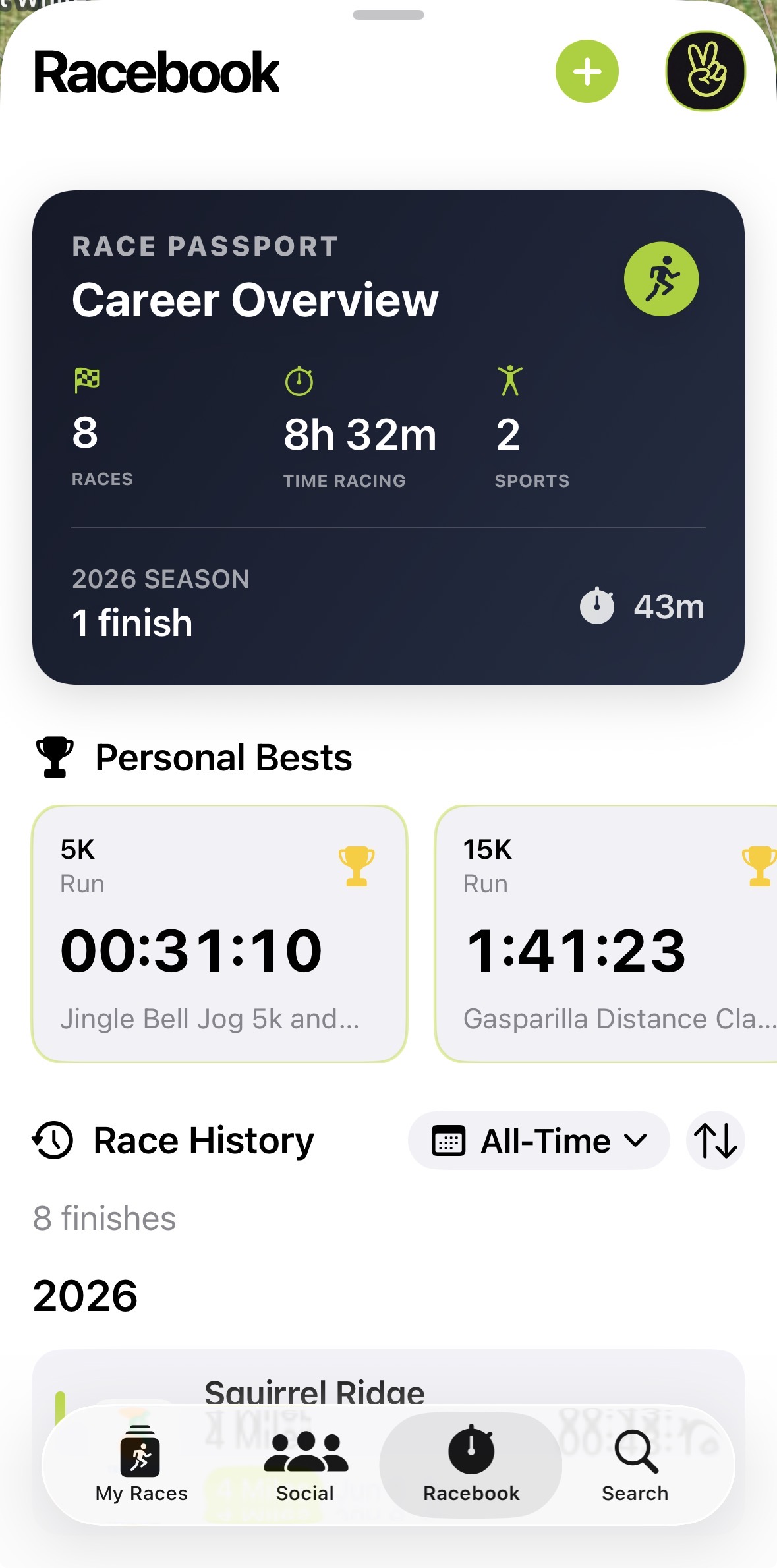 Let’s Race app showing completed races and finish results