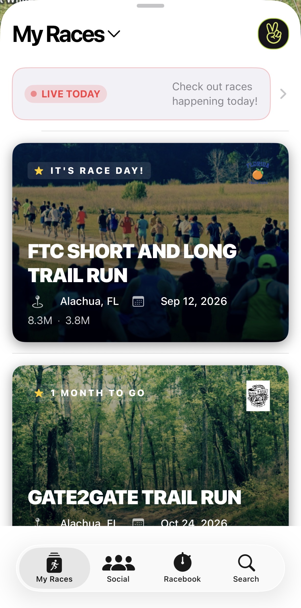 Let’s Race app showing a runner’s saved and upcoming races